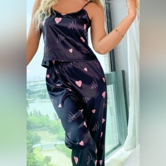Heart Print Black & Pink Cami Top Silky PJ Set. Size Small - Picture 3 of 5